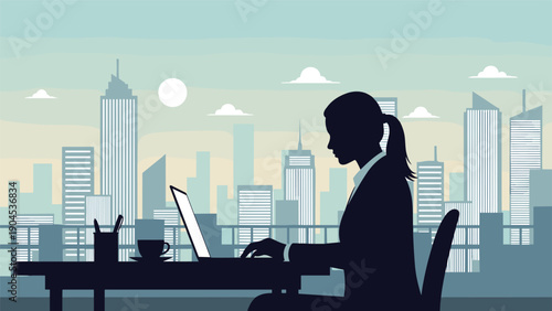 Professional silhouette of a businesswoman working on her laptop at an office desk with a large window city skyline view.
