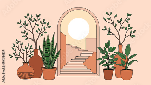 Minimalist aesthetic scene of an arched window looking out to a white sun and stairs surrounded by beautiful potted plants.