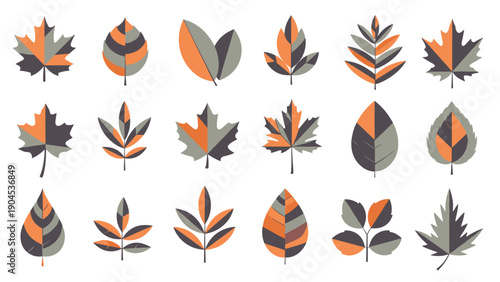 Diverse collection of stylized autumn leaves featuring geometric patterns and earthy tones like orange, brown, and grey.