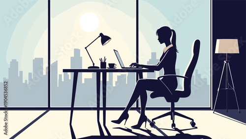 Detailed silhouette of a professional woman working in a high rise office at her desk with a dramatic city skyline sunset view.