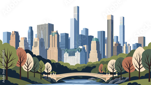 Beautiful panoramic city landscape featuring a scenic park with a stone bridge, trees, and tall skyscrapers in the background.