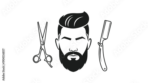 Symmetrical barber shop emblem featuring a man's bearded face silhouette with grooming tools like scissors and a straight razor.