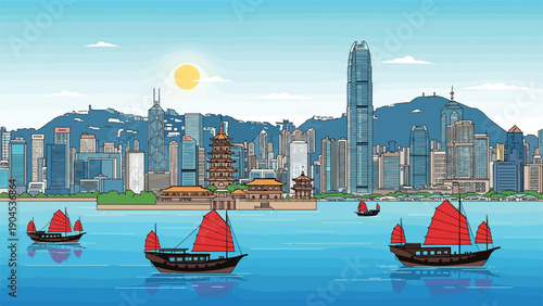 Wide pixel art panorama of the Hong Kong city skyline at daytime with traditional red junk boats in the harbor and mountain peaks in the distance.