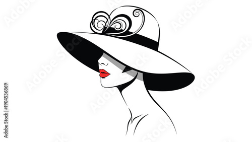 Elegant monochromatic portrait of a woman wearing a large white hat with bright red lips and artistic decorative hat swirls.