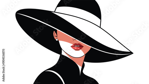 Classic and elegant fashion illustration of a woman in a wide-brimmed black hat with red lips and a white band in a vintage sophisticated style.