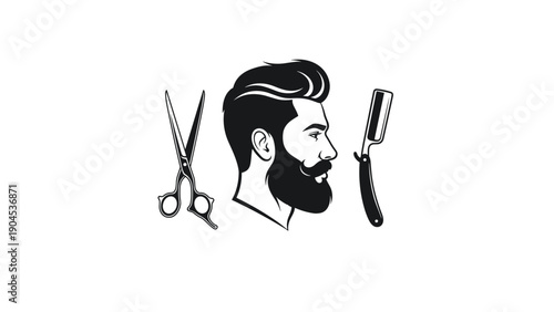 Stylish barber shop logo featuring a man's bearded profile silhouette between a pair of scissors and a classic straight razor.