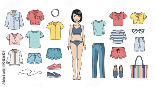 Playful paper doll illustration of a girl with an extensive wardrobe of summer clothes and stylish accessories for creative fashion design games.