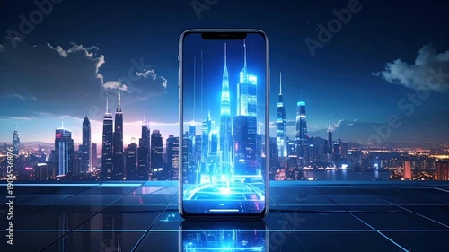 Wallpaper Mural A smartphone displaying a futuristic cityscape at night, reflecting on a tiled surface Torontodigital.ca