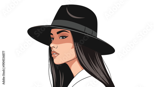 Modern and stylish portrait illustration of a beautiful woman wearing a large wide-brimmed black fedora hat with a confident fashion expression.