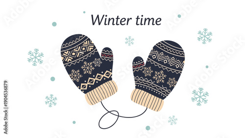 Charming winter-themed illustration of a pair of patterned mittens surrounded by delicate falling snowflakes on a clean white background design.