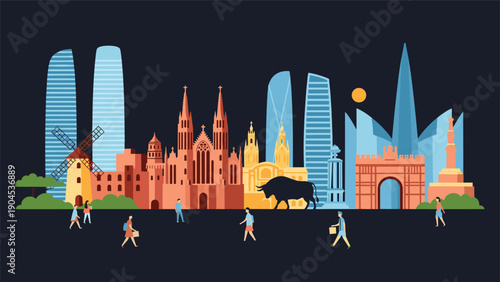Creative pixel art cityscape representing famous landmarks of Spain including historical and modern buildings with people walking on the street.
