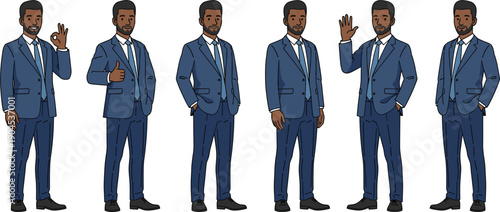 Modern Corporate Male Character Set Featuring Professional Figures in Navy Blue Suits with Positive Gestures for Business Branding and Team Presentations
