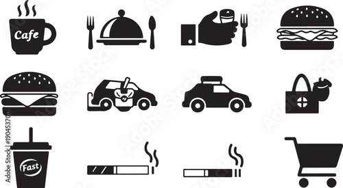 A collection of icons representing various food, transportation, and shopping items.