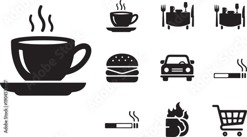 Illustrations of various icons representing different activities and items.
