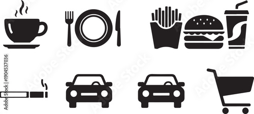 A collection of icons representing various food items, services, and activities