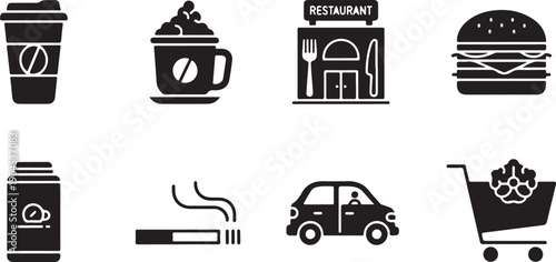 Black and white icons representing various services and products