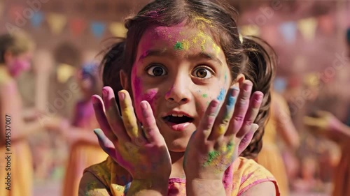 Girl Sprays Vibrant Powder Joyfully, Energetic Girl Disperses Colorful Powder During Festival, Cheerful Girl Throws Vivid Holi Powders Into Air Amidst Festive Banners And Joyful Onlookers.