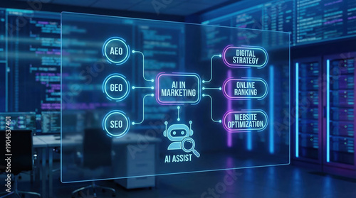 AI in marketing is illustrated with digital interface showing connections to AEO, GEO, SEO, digital strategy, online ranking, and website optimization. robot icon represents AI assist