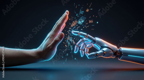 Human hand and robotic hand are depicted in dramatic scene, symbolizing tension between humanity and artificial intelligence. words RESIST AI emphasize conflict