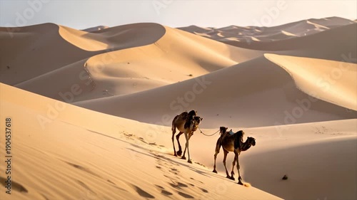 Wallpaper Mural Two camels traverse a vast desert landscape of undulating sand dunes, illuminated by warm sunlight Torontodigital.ca