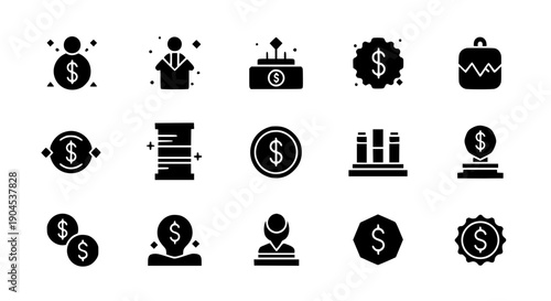 Financial Icon Array: A collection of financial icons in a sleek monochrome palette, ideal for illustrating finance-related concepts with clarity and impact. 