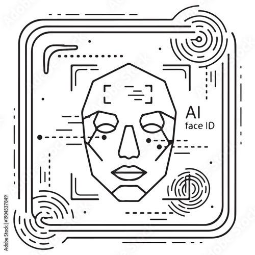 AI facial recognition scan icon showing biometric identity verification process within a digital security frame, rendered in minimalist black outline vector art on a clean white background.