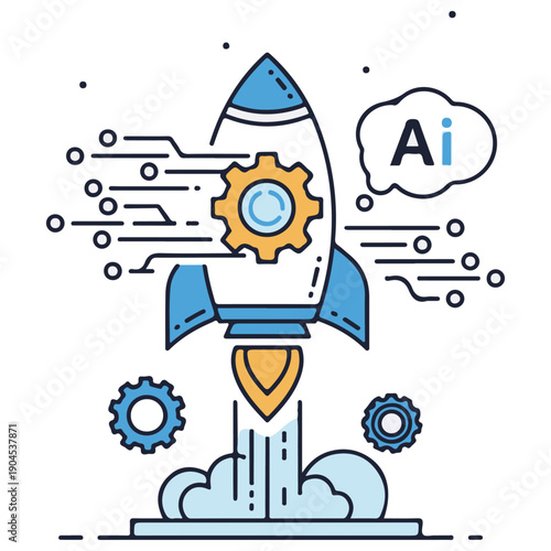 Artificial Intelligence concept rocket launching with integrated gear mechanism, symbolizing rapid technological progress and startup acceleration in a clean line art illustration style.