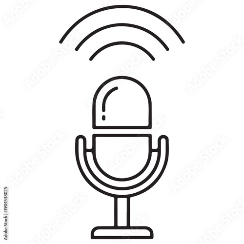 Outline icon of a vintage studio microphone broadcasting sound waves, symbolizing live podcasting, radio communication, or voice recording in a minimalist black and white vector style.
