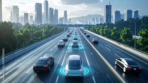 Wallpaper Mural Futuristic highway view with autonomous vehicles, city skyline, and green landscape Torontodigital.ca