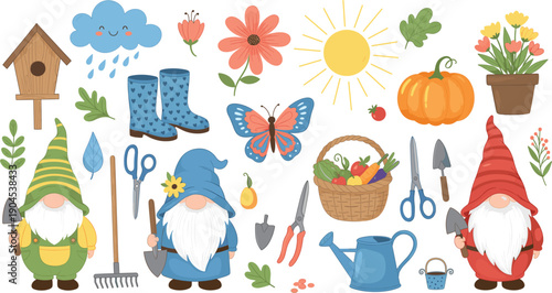 Whimsical Garden Gnome Set Featuring Outdoor Gardening Tools, Birdhouse, Rain Boots, Pumpkins, and Floral Elements for Spring and Autumn Design