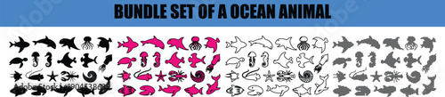 Silhouette, line art, outline, dot, dotted Diverse Collection of Ocean Animal Silhouettes and Icons in Various Styles for Aquatic Themed Designs