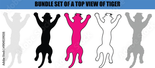 Silhouette, line art, outline, dot, dotted Collection of five different stylized tiger silhouettes viewed from a top perspective isolated on a white background