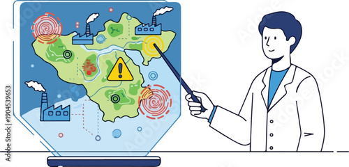 Scientist analyzing global health threats on digital map display with warning signs and virus symbols in a laboratory setting