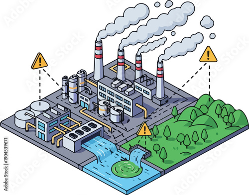 Industrial plant with smokestacks emitting pollution into the air near a body of water and green area