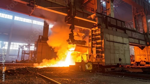Wallpaper Mural Intense factory scene of molten metal pouring from a large industrial crane Torontodigital.ca