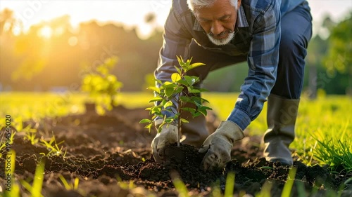 Wallpaper Mural Elderly man plants a tree in a sunlit field, wearing gloves and boots Torontodigital.ca