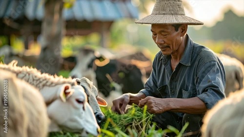 Wallpaper Mural An elderly farmer feeds grass to sheep under the shade of a rustic hat. Torontodigital.ca