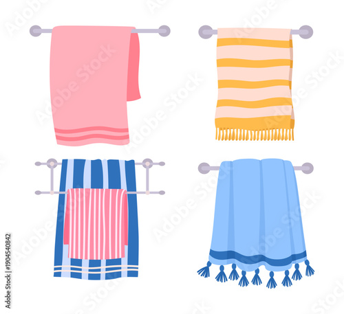 Bathroom textile towels. Shower hanging foot towels, soft hand towels, cotton fabric towels on hanger flat vector illustration set. Cartoon textile on white