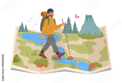 Backpacker trekking on map. Male tourist walking on wild nature map, hiking route and destination flat vector illustration. Cartoon man hiking on map