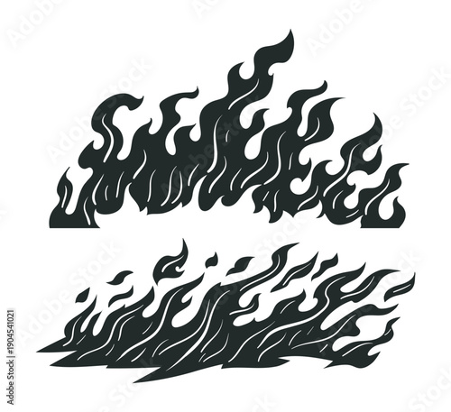 Burning flames silhouettes. Cartoon bonfire and wildfire elements, burn flames flat vector illustration set. Wildfire silhouette on white