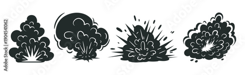 Cartoon bomb explosion silhouettes. Bomb explosion clouds, comic fire and smoke clouds flat vector illustration set. Dynamite explosion clouds silhouettes on white background