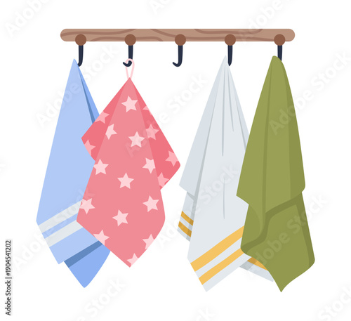 Cartoon textile towels. Kitchen or shower hanging foot towels, soft hand towels, cotton fabric towels on hanger flat vector illustration. Bathroom textile on white