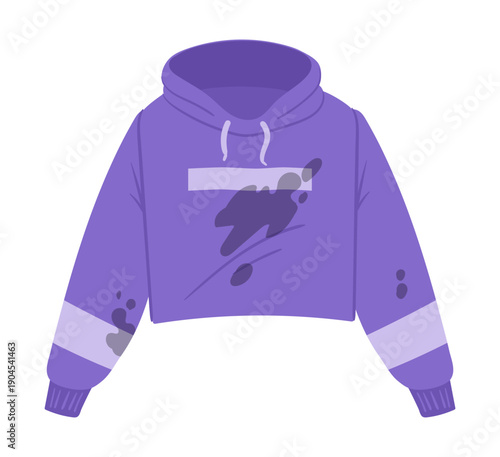 Dirty hoodie. Cartoon wrinkled stained clothes, laundry apparel flat vector illustration. Stained dirty sweatshirt on white background