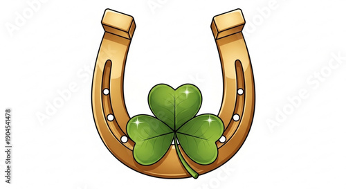 Golden Horseshoe with Four-Leaf Clover Isolated on White Background