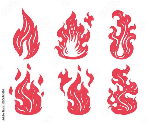 Fire flames. Cartoon red bonfire symbols, burning fireballs and wildfire flames flat vector illustration set. Cartoon fire on white background