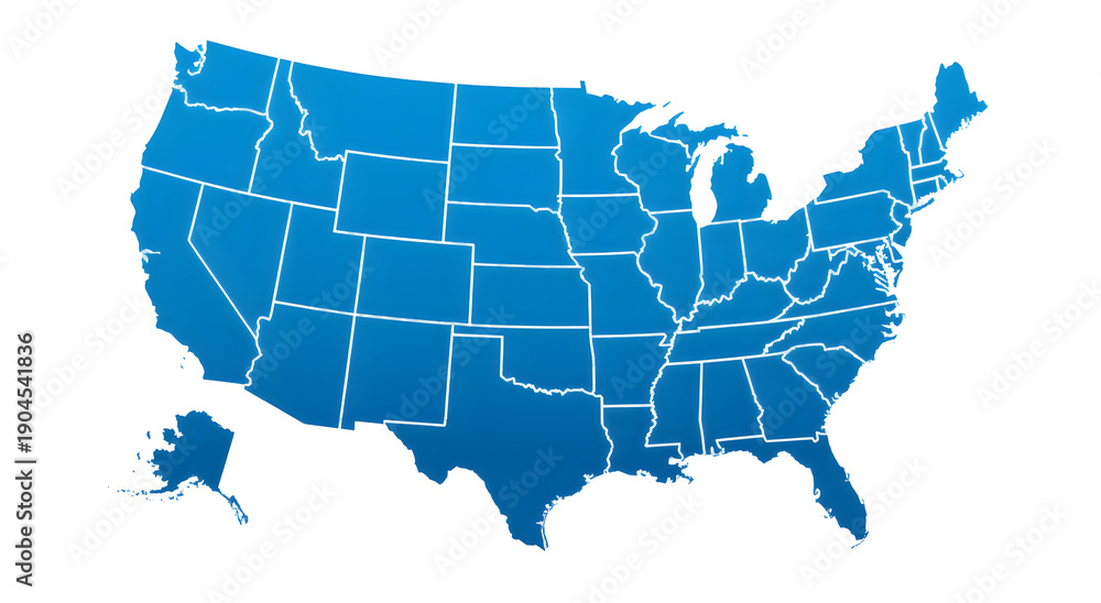 Fototapeta premium United states political map with bold white state borders on solid blue silhouette background including alaska and hawaii for educational geography lessons and administrative presentations
