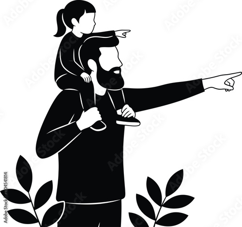 Father carrying child on shoulders pointing ahead together