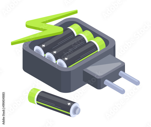 Isometric alkaline batteries charger. Charging accumulators, electric charging equipment 3d flat vector illustration. Charging batteries on white background
