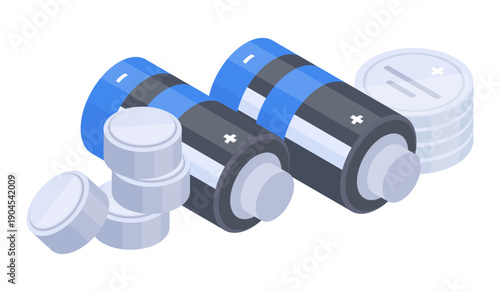 Isometric batteries. Rechargeable alkaline accumulators, powering electronic devices, power supplies for compact devices flat vector illustration set. Various batteries on white