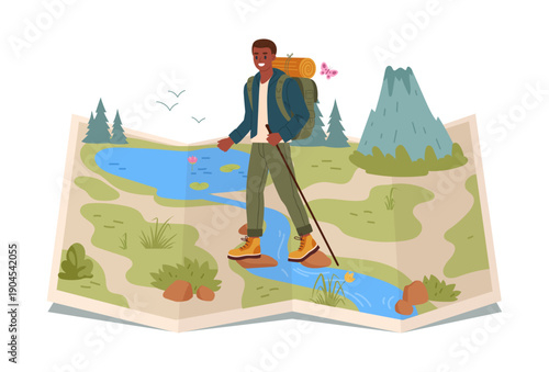Male tourist walking on wild nature map. Man hiking on map, hiking route and destination flat vector illustration. Cartoon backpacker trekking on map